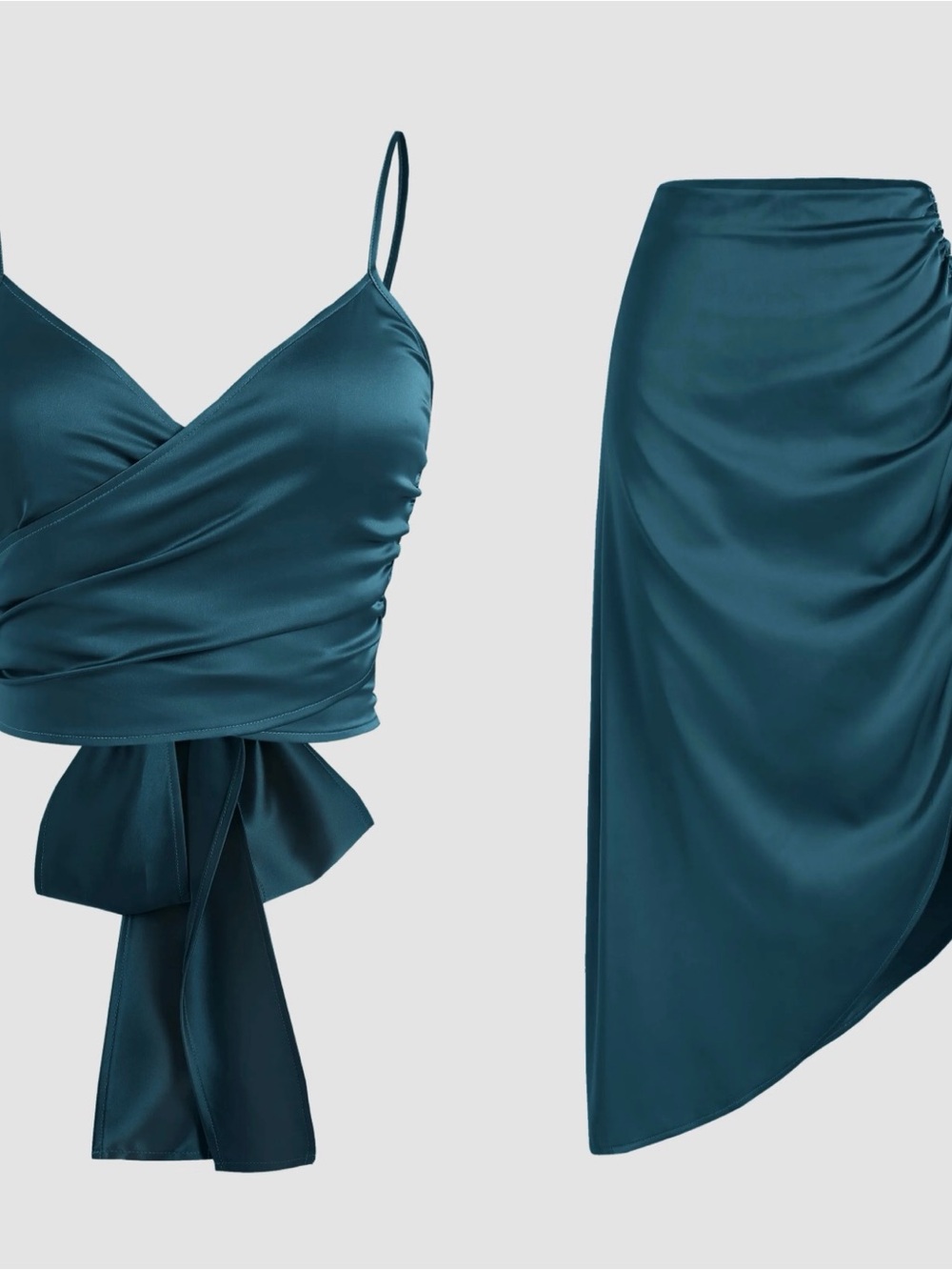 Cider Women's 2-Piece Set Cross Wrap Crop Top, Slit Midi Skirt in Teal